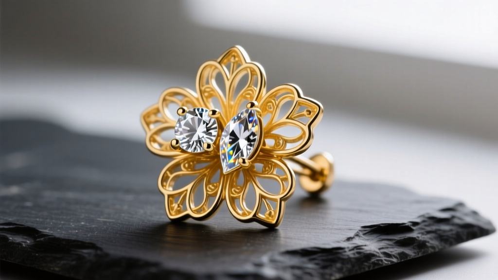 Macro shot of an asymmetric 18k yellow gold flower cluster earring with pear and marquise lab diamonds resting on dark slate.