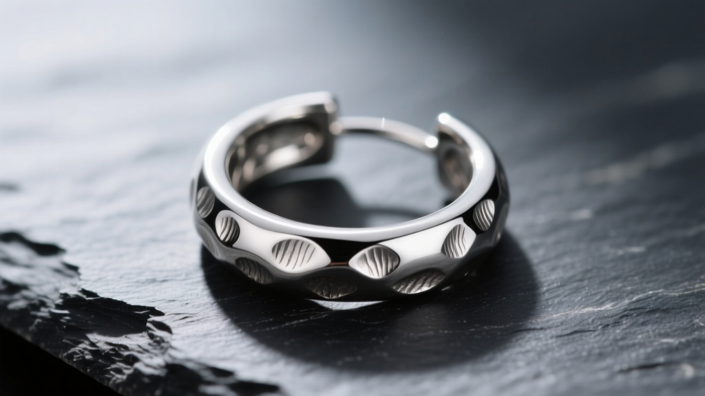 Macro shot of a hammered sterling silver hoop earring on dark slate, highlighting textured metal and a bright rhodium finish
