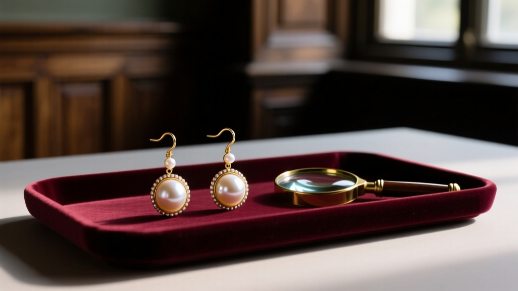 Flat lay of authentic Vivienne Westwood pearl orb drop earrings beside a jewelry loupe and velvet tray in a dimly lit, moody room.