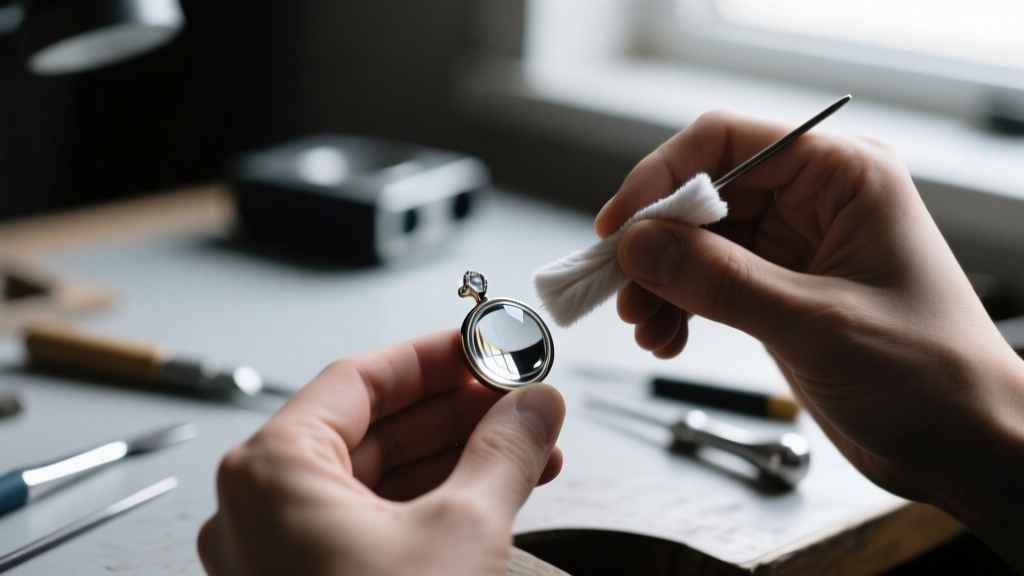 Close-up of a jeweler using a microfiber swab and isopropyl alcohol to clean the tiny glass lens of a projection photo pendant