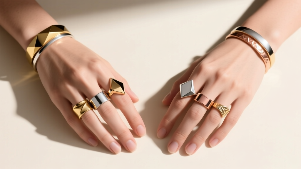 Overhead view of both hands layered with mixed-metal finger jewelry, highlighting negative space and balanced proportions.