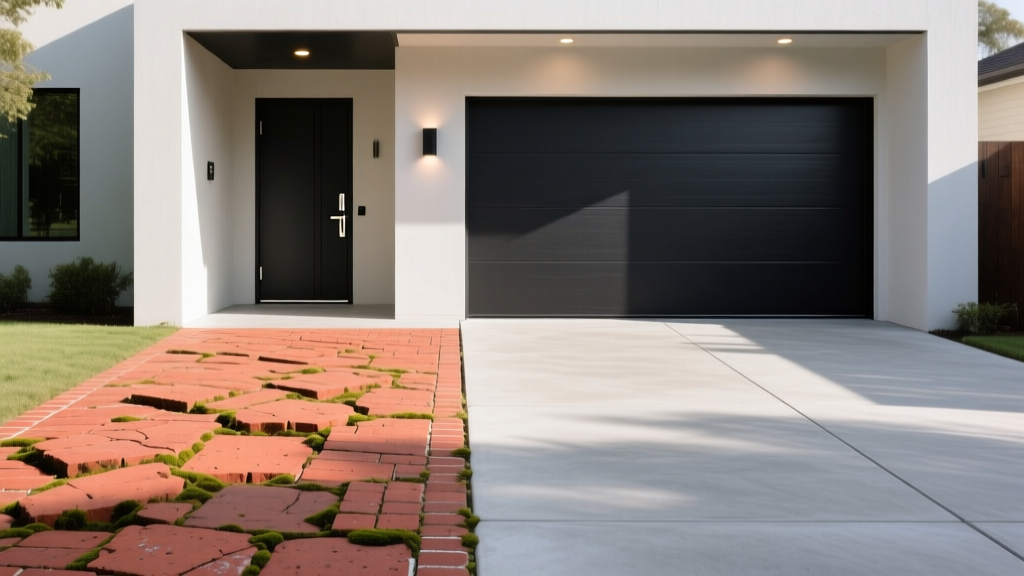 Split-view comparison of a traditional red clay brick driveway and a smooth broom-finished concrete driveway meeting at a modern garage entrance