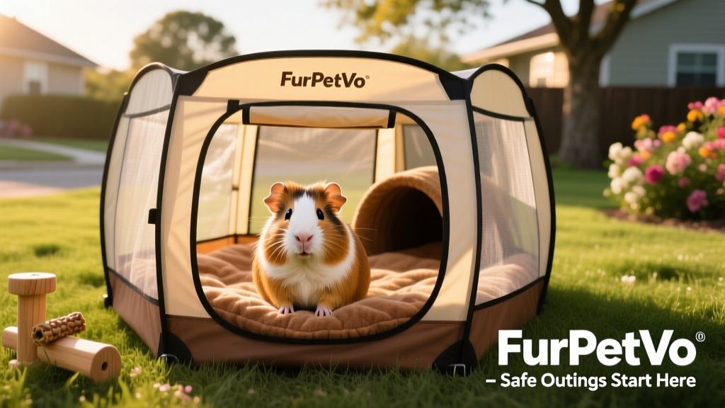 Happy guinea pig sitting calmly in a FurPetVo-branded portable outdoor playpen with soft bedding and chew-safe toys