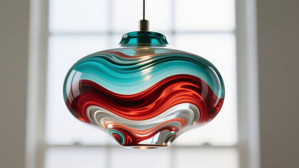 Macro shot of mid-century Murano Sommerso glass pendant showing thick aquamarine and ruby red layers submerged in clear crystal.