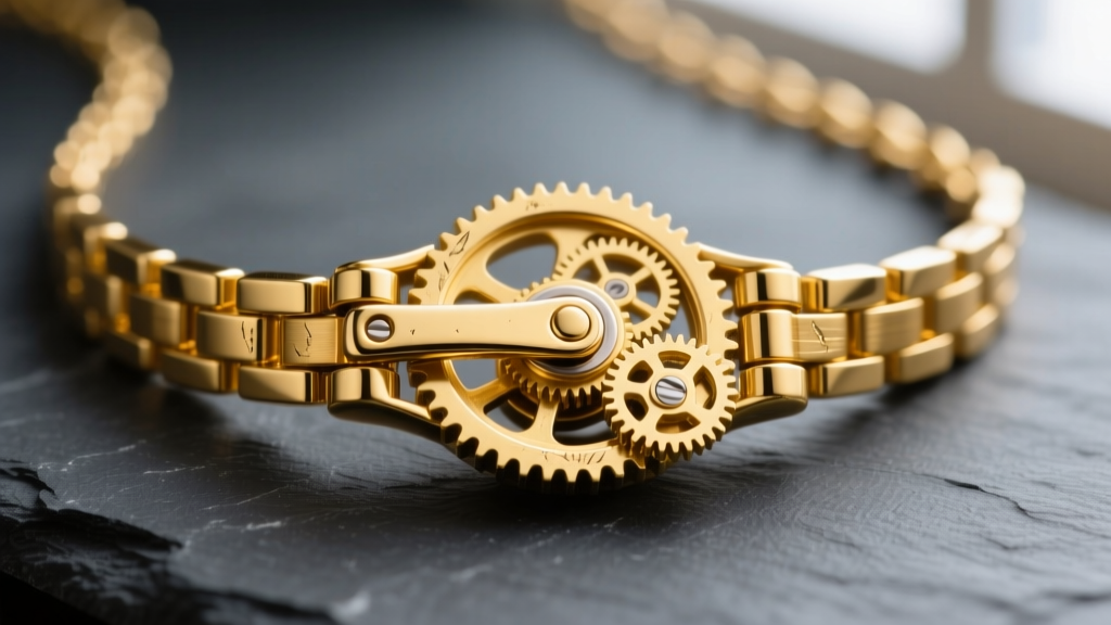 Macro shot of a 22k yellow gold modular necklace clasp mechanism, highlighting precision engineering against dark slate.