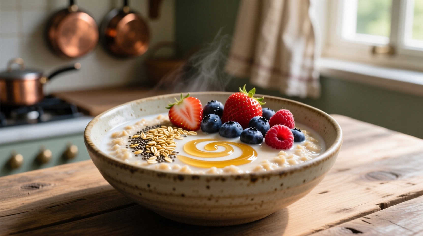 Bowl of creamy oatmeal with chia seeds and fresh berries