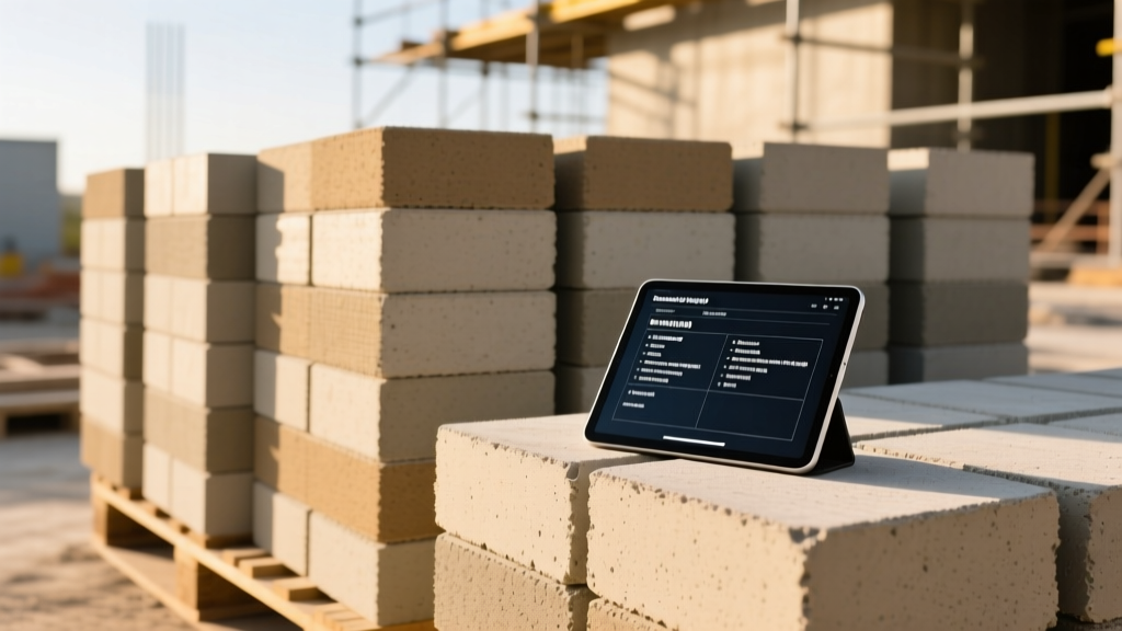 Stacked pallets of normal-weight and lightweight concrete masonry units on a construction site with a digital tablet displaying mix design specs