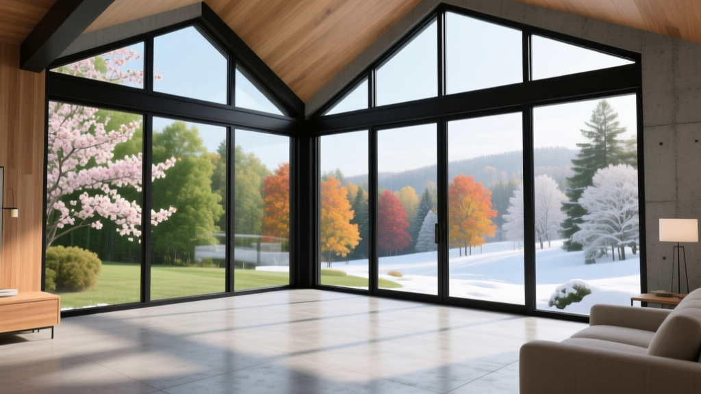 Four-season sunroom with black aluminum framing, triple-pane glass walls, and a finished poured concrete foundation slab