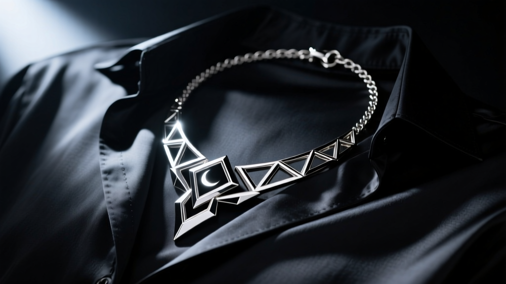 Close-up of a steel Sukuna domain expansion necklace on a dark shirt, lit by dramatic, moody, and cinematic studio lighting.
