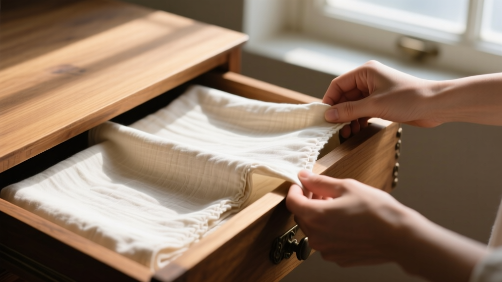 Hands stretching unbleached cotton flannel to line a wooden jewelry drawer, showing precise folded corners in warm light.