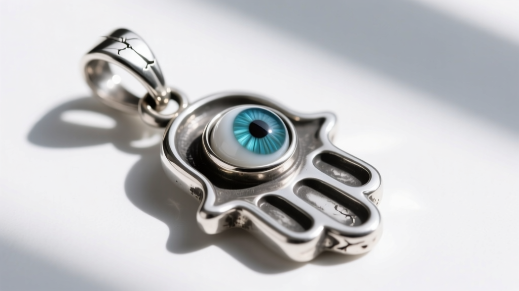 Close-up of sterling silver hamsa pendant with glass evil eye bead, showing rhodium plating wear on the bail and jump ring.