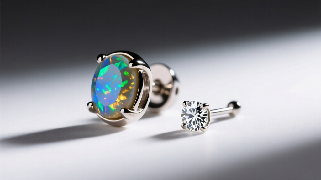 Macro shot of an ear stack featuring 16-gauge titanium bezel-set opal and diamond stud earrings in soft studio lighting.