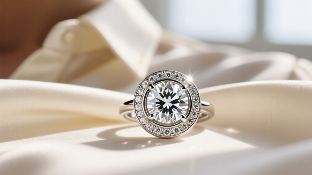Macro shot of a bezel-set diamond pendant showing a smooth platinum rim securing the stone against a cream silk blouse background.