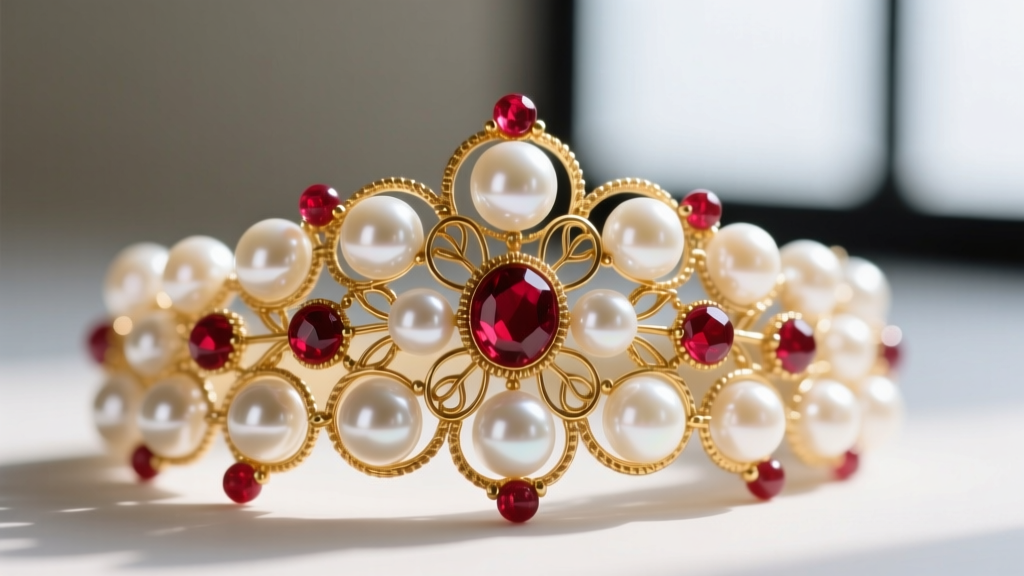 Macro photography of pearl clusters in a gutta pusalu design, showing intricate gold wire wrapping and ruby beads.
