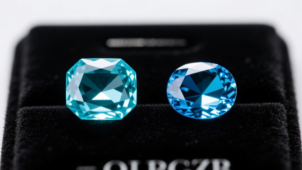 Macro shot of a light blue aquamarine gemstone and a treated sky blue topaz side-by-side on a dark velvet gemological grading pad.