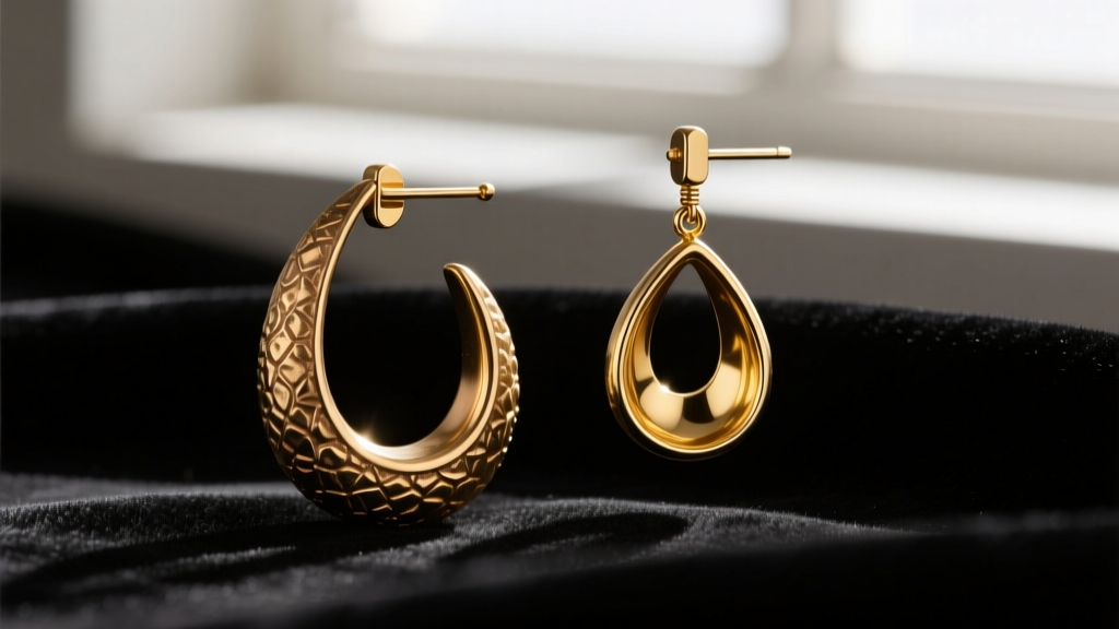 Macro shot of a heavy brass droopy earring beside a hollow gold drop, showing 14-gauge wire posts resting on dark velvet fabric