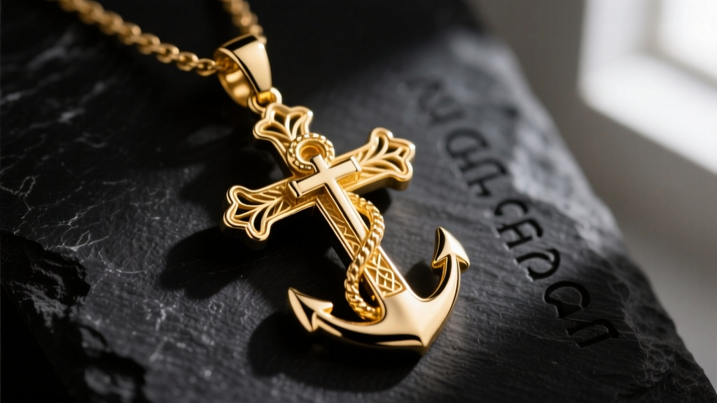 Close-up of a 14k gold cross and anchor pendant showing intricate casting details and a high-polish finish against dark slate