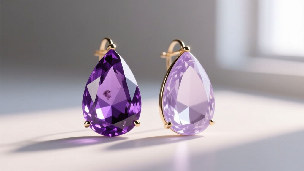 Vibrant Zambian amethyst teardrop earring beside a pale heat-treated Brazilian amethyst earring, illuminated by natural daylight.