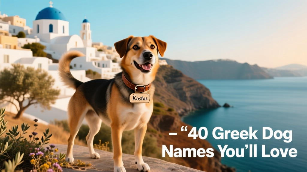 A joyful dog standing against a sun-drenched Greek coastal landscape with white-washed buildings and blue domes