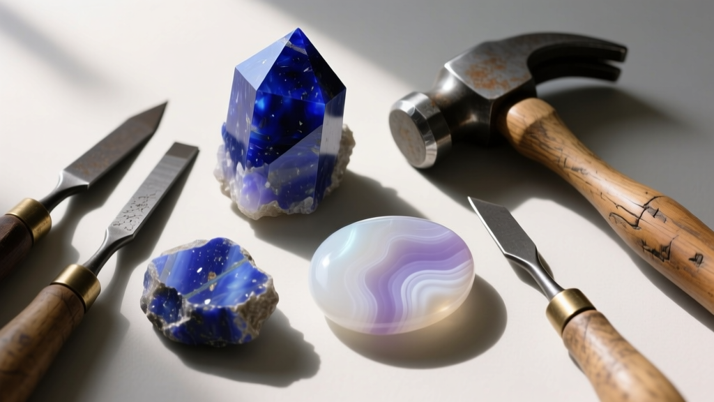 Flat lay of raw lapis lazuli and polished chalcedony cabochons beside vintage carving tools, lit by soft directional sunlight