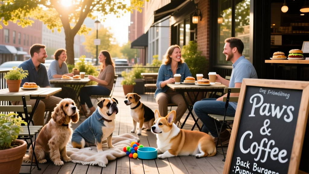 A cozy outdoor patio at a dog-friendly restaurant in Indianapolis, with dogs lounging beside their owners