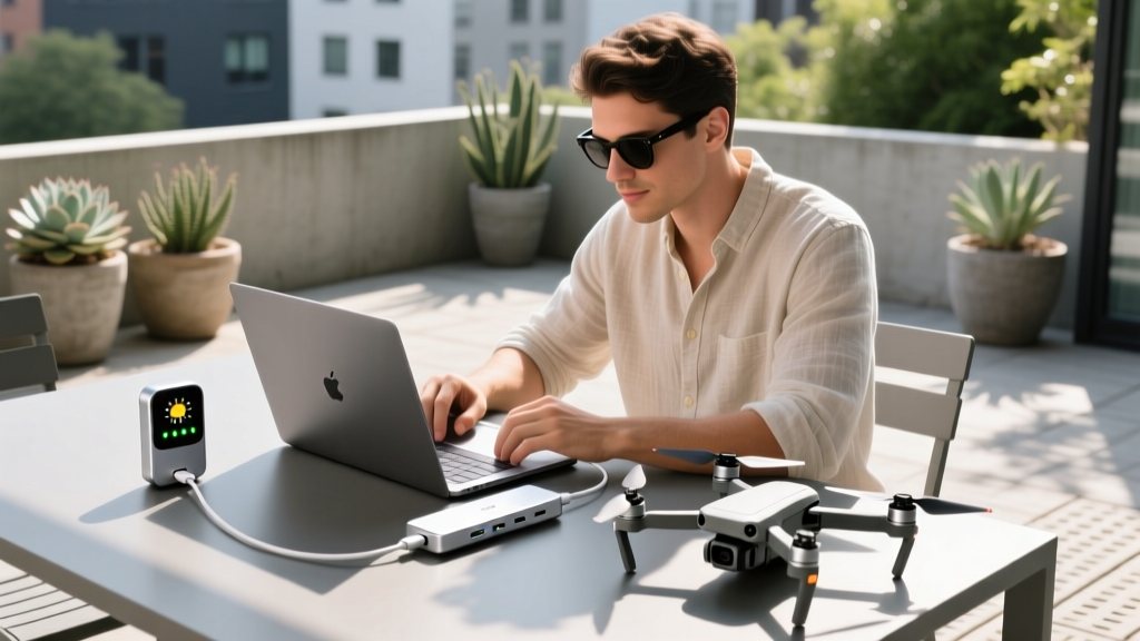 Tech enthusiast at patio desk connecting a laptop to a silver USB-C hub powering a smart weather station and a garden mapping drone