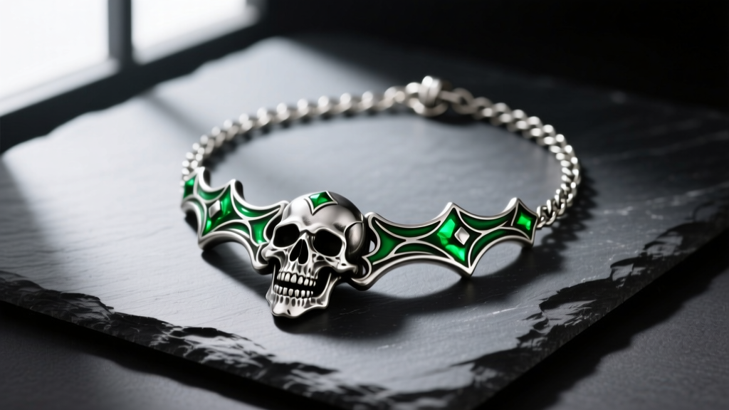 Physical replica of the OSRS bonecrusher necklace in oxidized sterling silver and green enamel resting on a dark slate surface.
