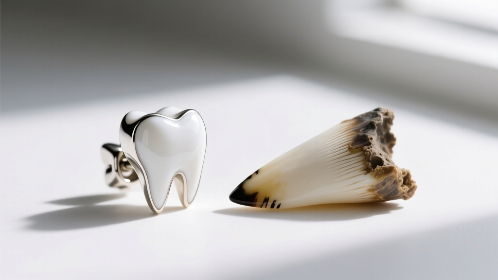 Macro photography of a polished white enamel anatomical molar earring next to a raw, ethically sourced great white shark tooth.