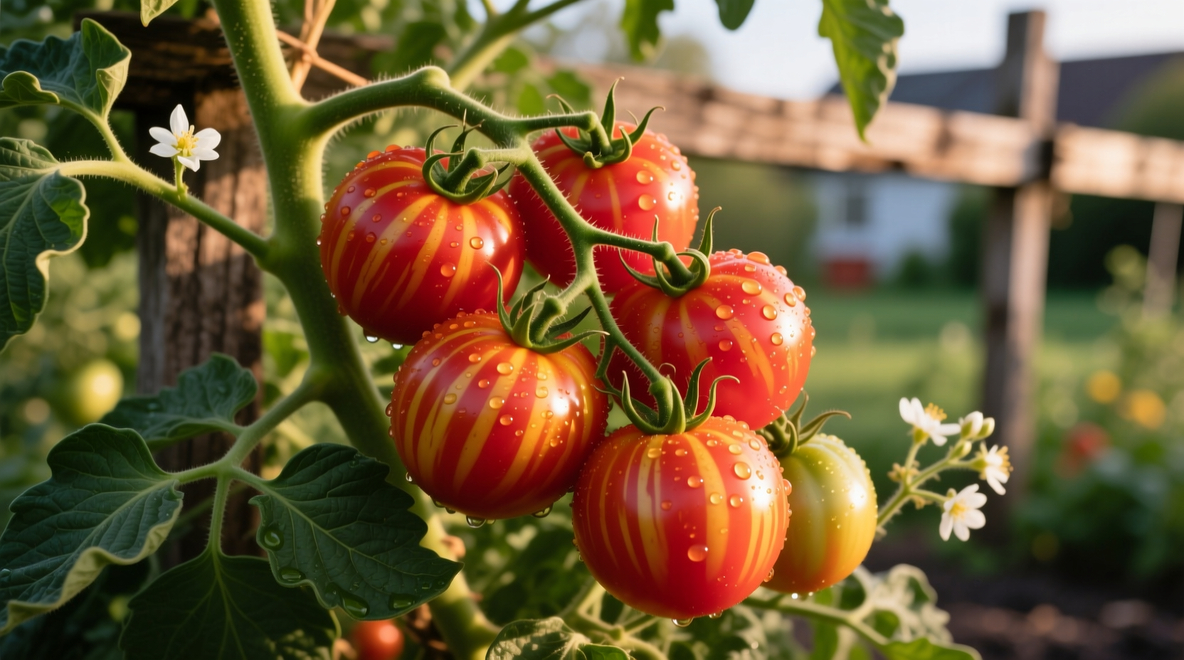 Ripe Apricot Zebra tomatoes on vine with distinctive striping