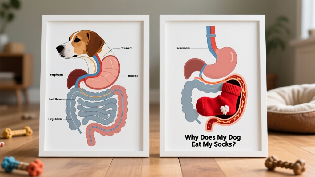 Side-by-side comparison: a healthy dog’s digestive tract diagram vs. one showing a sock lodged in the small intestine