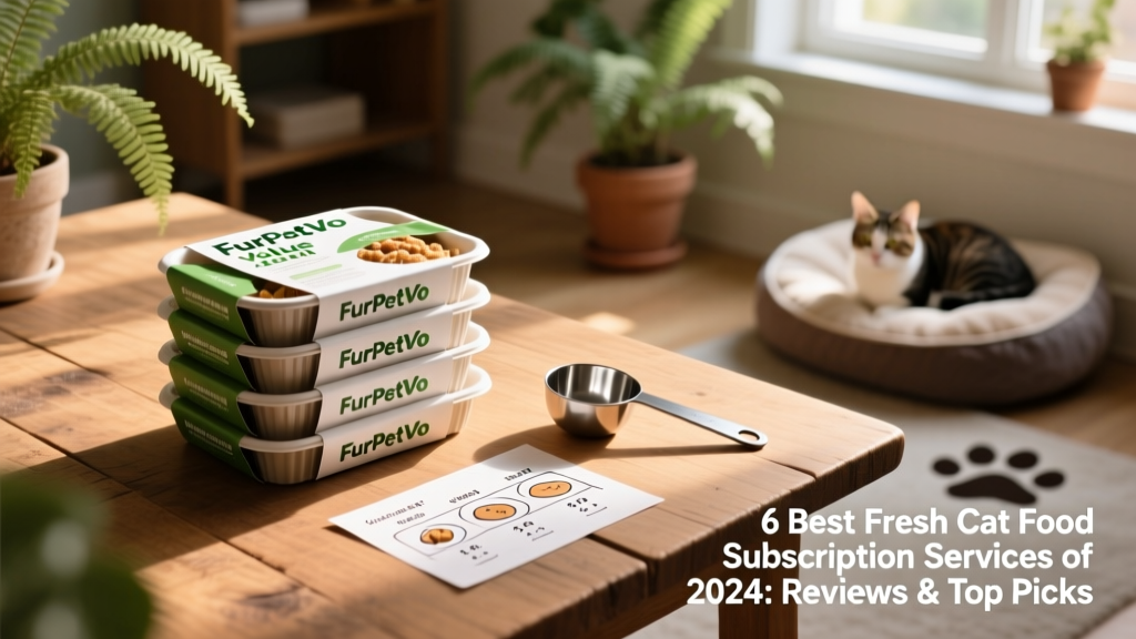 Stack of FurPetVo Value Fresh meal trays alongside a measuring scoop and feeding chart