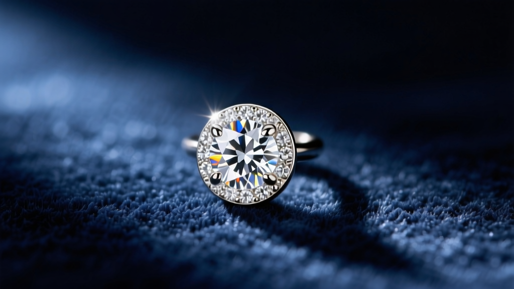 Extreme close-up of a 2mm round diamond set in a micro-bezel 14k white gold petit moments earring, resting on dark navy velvet.