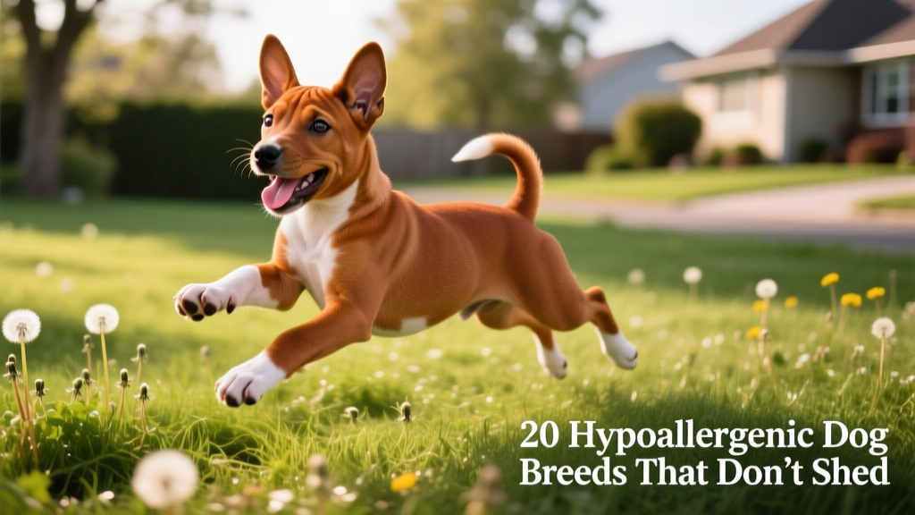 A lively Basenji puppy with short, glossy reddish-brown coat and distinctive wrinkled forehead, mid-play on grass
