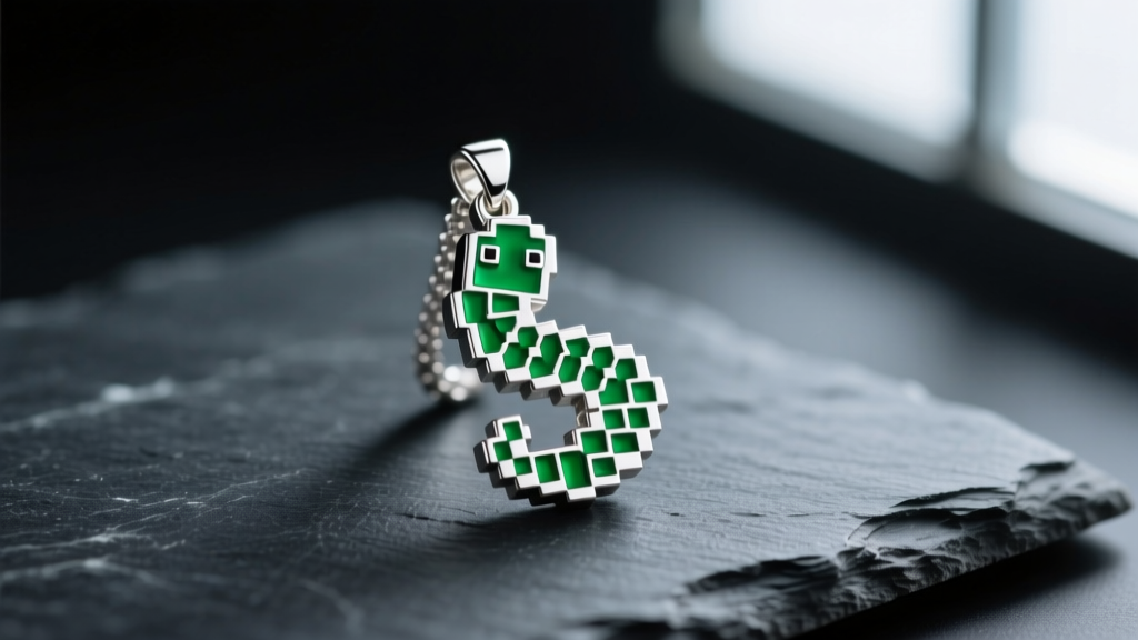Close-up of a sterling silver and green vitreous enamel pixelated creeper pendant resting on dark slate, moody lighting.