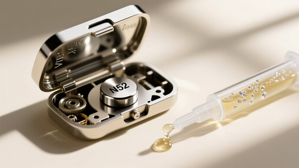 Close-up of a disassembled magnetic clasp housing, a small N52 neodymium magnet, and a precision tube of jewelry adhesive.