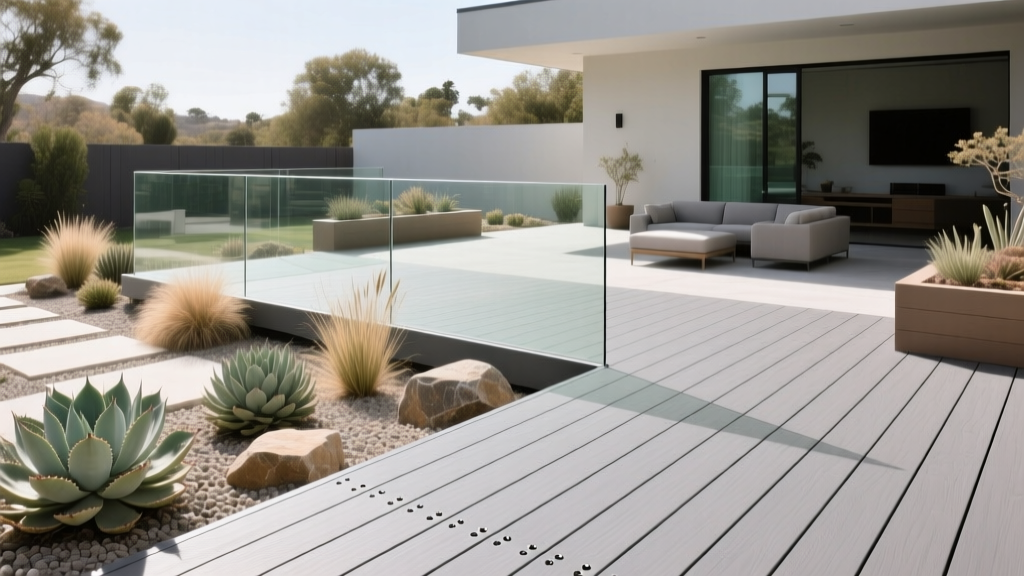 Multi-tonal gray Fiberon composite deck with hidden fasteners, surrounded by drought-tolerant landscaping and sleek glass railings