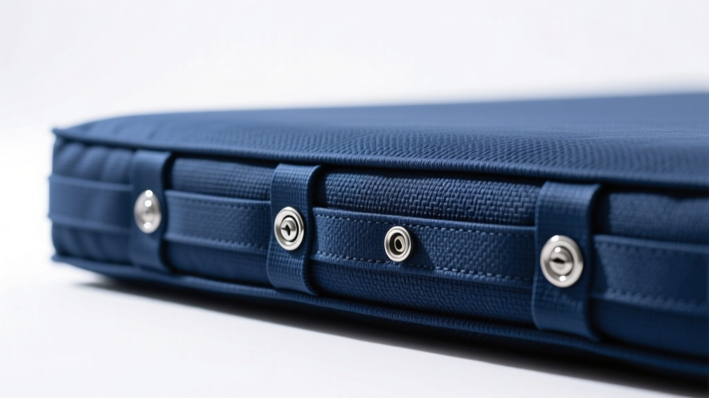 Close-up of heavy-duty marine vinyl fabric in navy blue stretched over a high-density foam patio cushion with steel snaps.