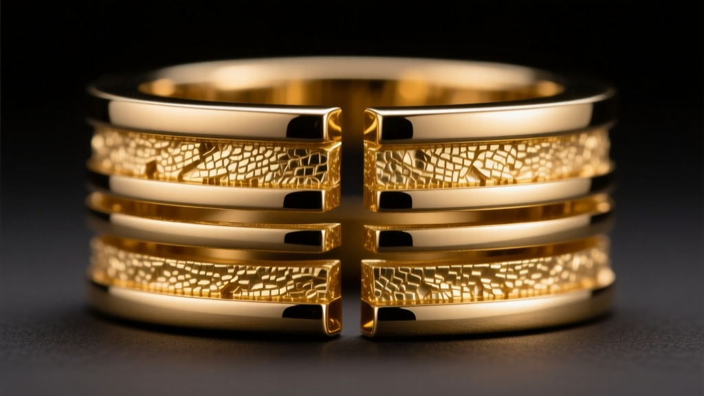 Cross-section macro photo showing gold plating layers over a brass base metal, illuminated by studio lighting for a jewelry blog.