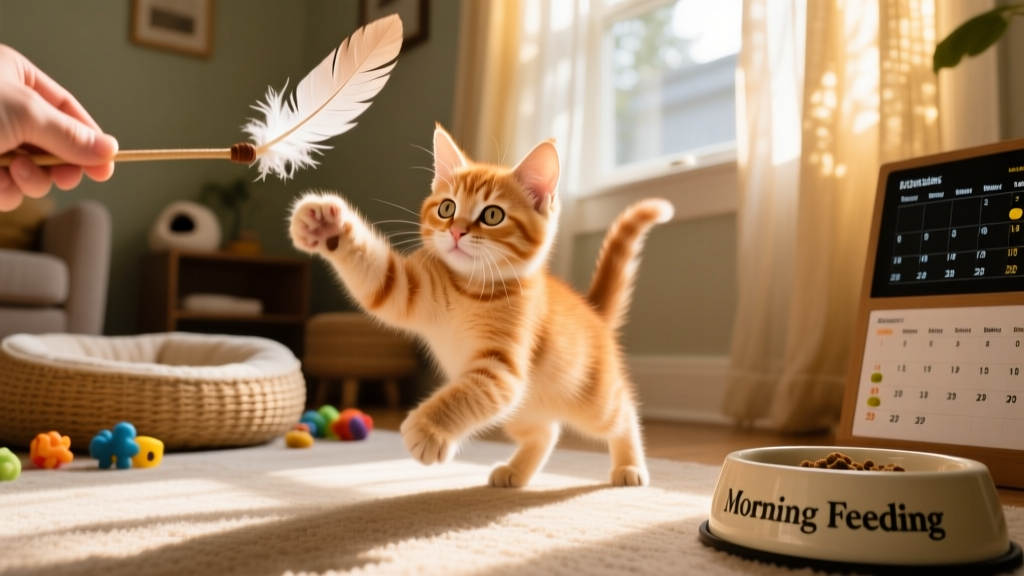 A playful kitten batting at a feather wand during an interactive play session