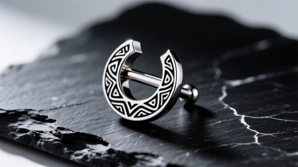 Macro shot of a titanium daith clicker with tribal engravings resting on raw black slate under bright directional studio lighting.