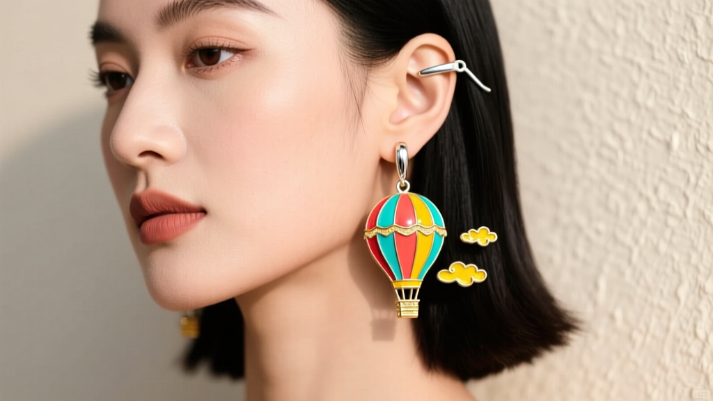 Woman wearing cloisonné enamel hot air balloon dangle earrings, highlighting the thick sterling silver leverback wire closure.