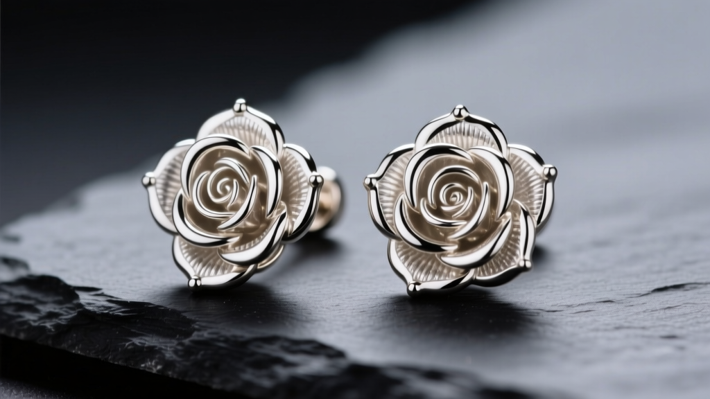 Macro shot of 18k white gold rose stud earrings with intricate petal details, resting on dark slate under soft studio lighting.