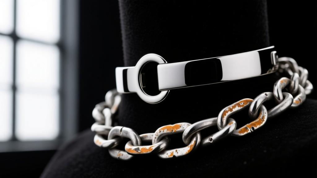Macro photography comparing tarnished sterling silver chain links against a pristine black PVD-coated titanium goth choker clasp