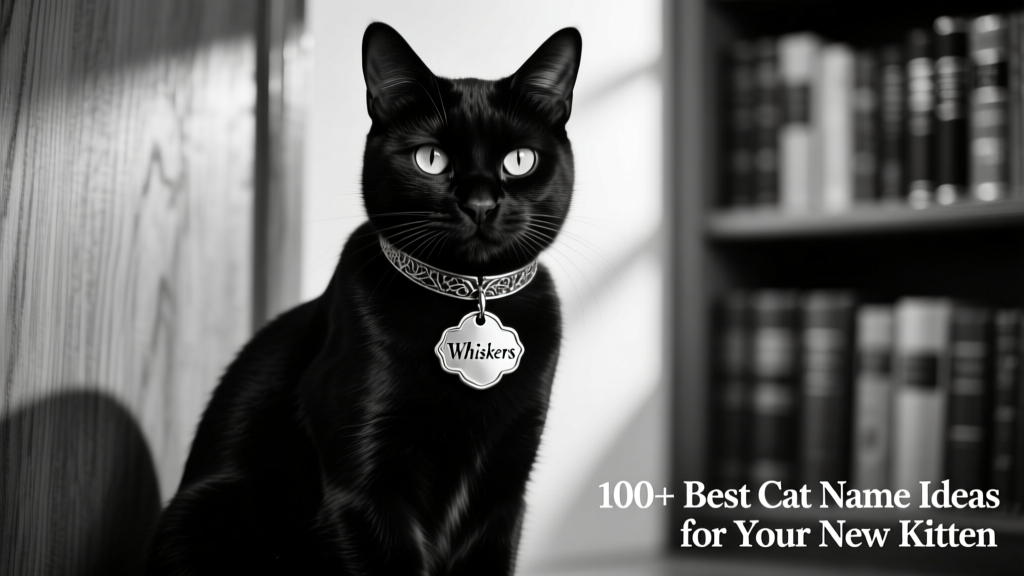 A black-and-white tuxedo cat sitting regally beside a small engraved metal collar tag