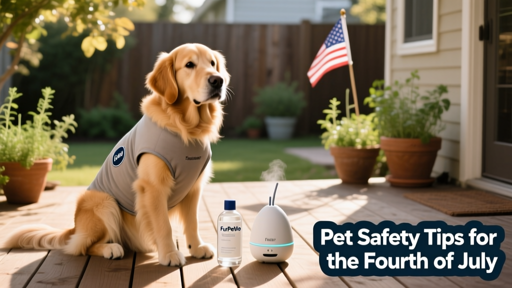 A dog wearing a calming thundershirt beside a FurPetVo calming aid bottle and a Feliway diffuser for cats