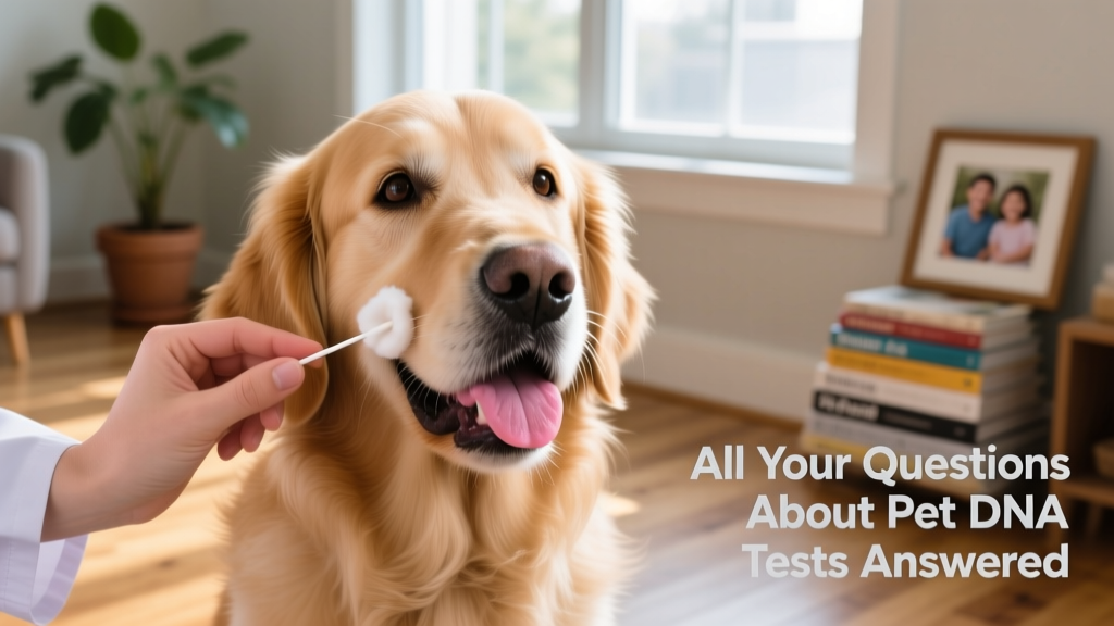 Close-up of a gentle cheek swab being collected from a relaxed dog’s mouth