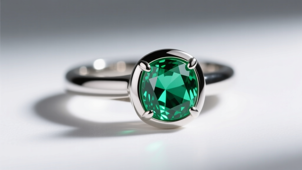 Close-up of a bezel-set green tourmaline platinum ring, showing the protective metal rim around the gem under bright studio light.