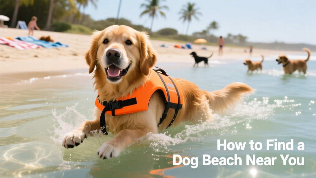 Golden retriever wearing a bright orange life vest, happily paddling in shallow, sunlit water