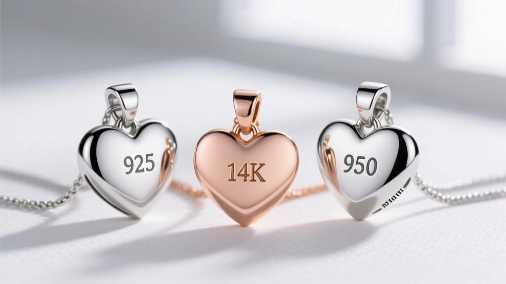 Close-up of three heart pendants in sterling silver, 14k rose gold, and 950 platinum showing distinct colors and hallmarks.