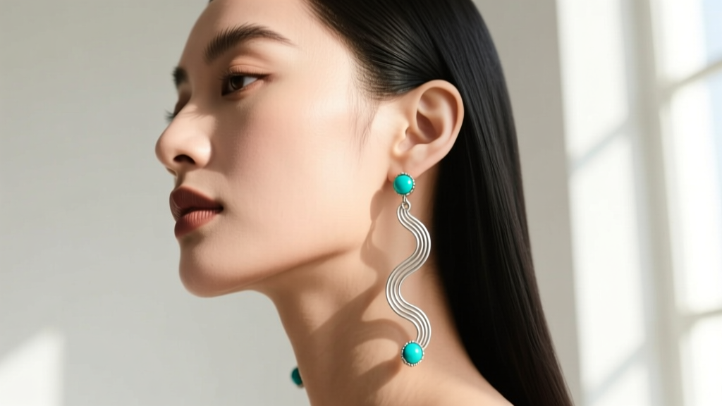 Side profile of a woman wearing long silver S-wire dangle earrings with turquoise beads, highlighting the jawline and ear lobe